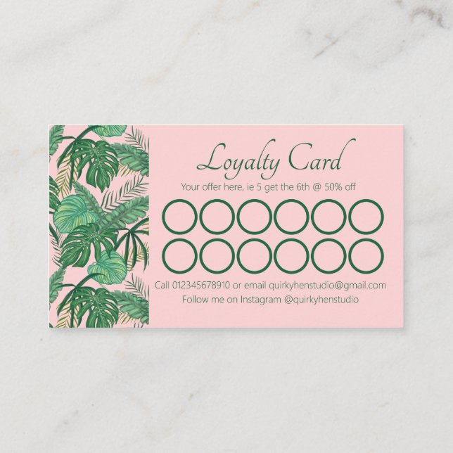 Pink Feminine Tropical Monstera Jungle Palm Loyalty Card (Back)