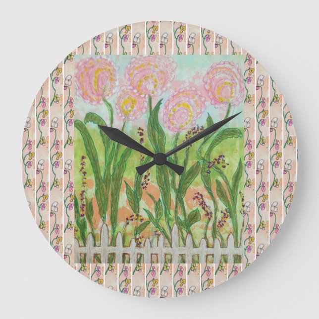 Pink Fenced Flowers Large Clock (Front)
