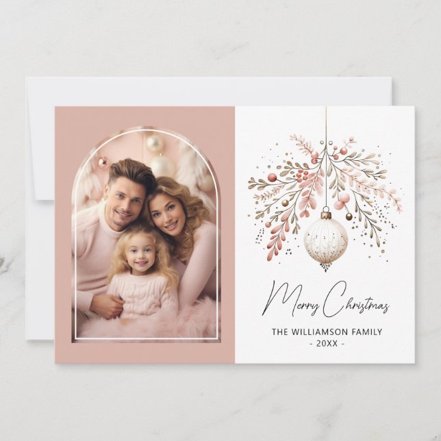 Pink Festive Bauble Arch Frame Family Photo Card (Front)