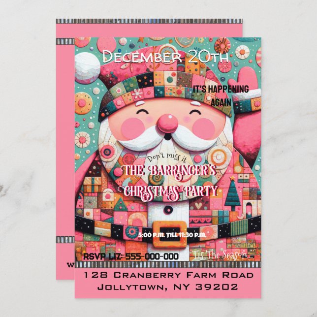 Pink Festive Chic Cheery Santa Annual Christmas   Invitation (Front/Back)