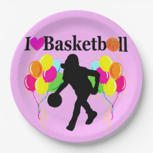 PINK FESTIVE I LOVE BASKETBALL DESIGN PAPER PLATE