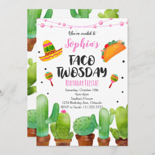Pink Fiesta Taco Twosday Watercolor Cactus Invite