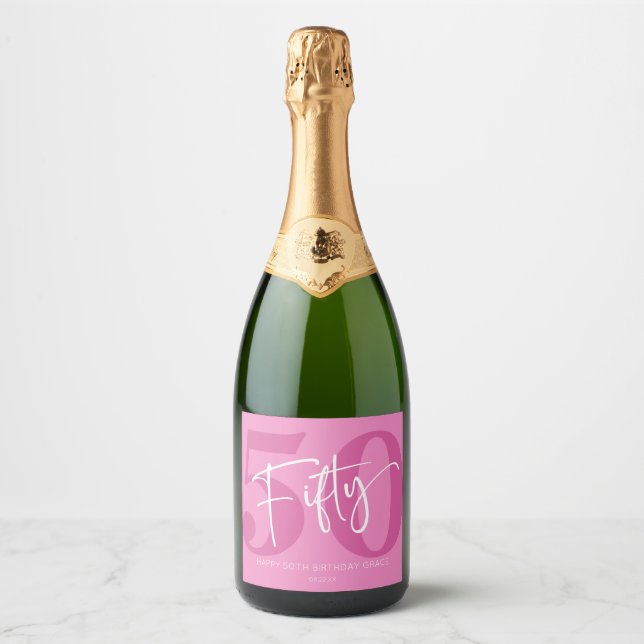 Pink Fifty 50th Fiftieth Birthday Party Gift Sparkling Wine Label (Front)