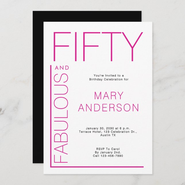 Pink Fifty and Fabulous 50th Birthday Party Invitation (Front/Back)