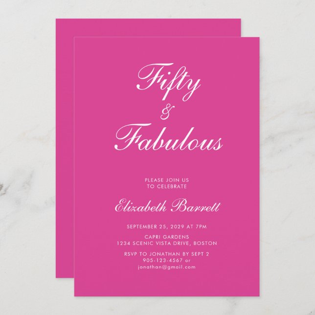 Pink Fifty and Fabulous Script 50th Birthday Party Invitation (Front/Back)