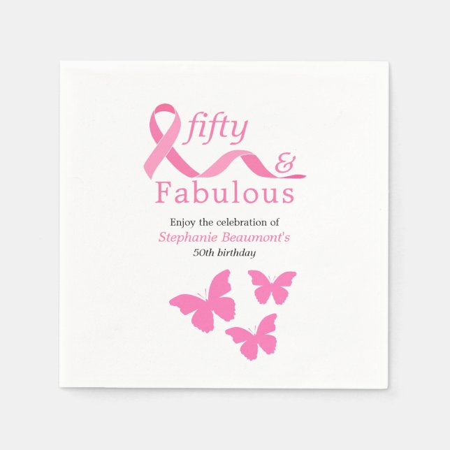 Pink Fifty Fabulous Fighting Cancer 50th Birthday Napkin (Front)