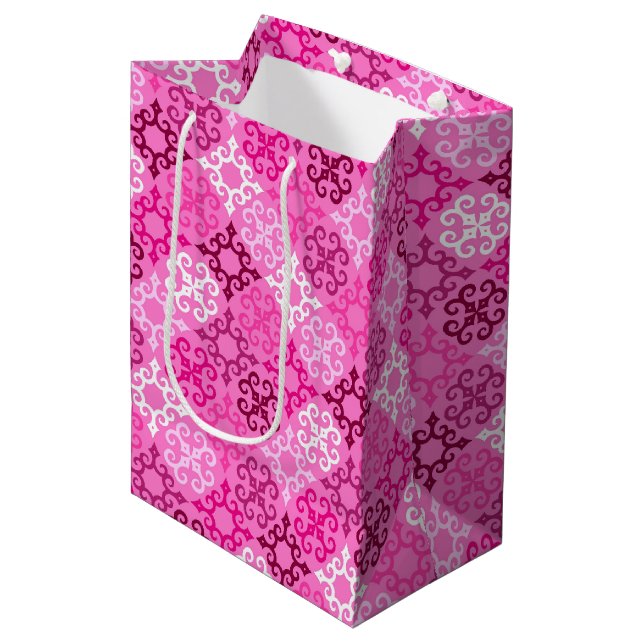 Pink Filigree Diamond Pattern  Medium Gift Bag (Front Angled)