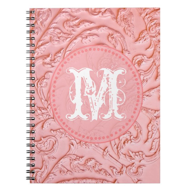 Pink Filigree Wood Carv Monogram Initial Note Book (Front)