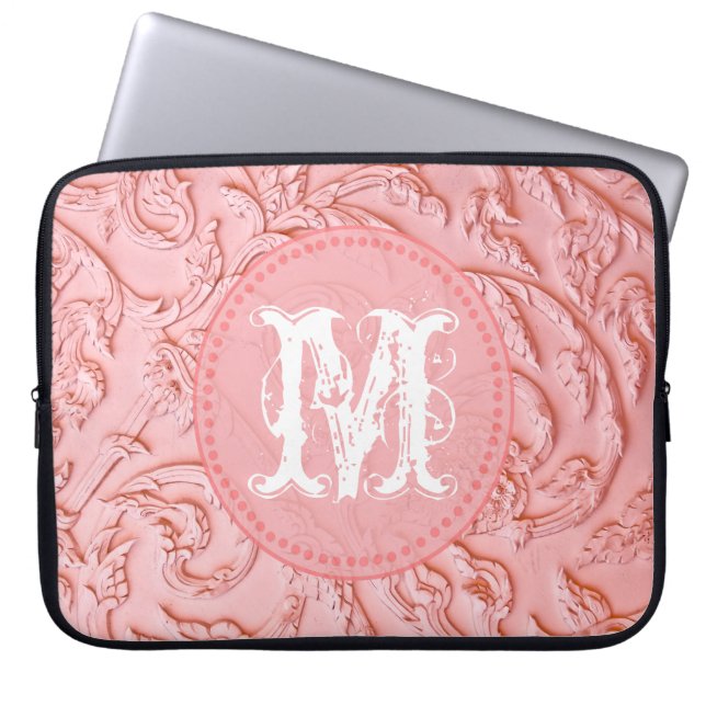 Pink Filigree Wood Carvin Monogram 15" Laptop Case (Front)