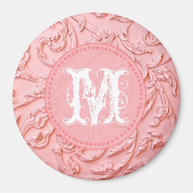 Pink Filigree Wood Carving Monogram Initial Magnet (Front)
