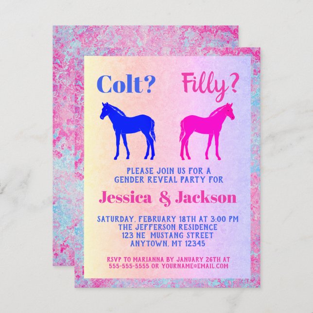 Pink Filly & Blue Colt Western Style Gender Reveal Invitation (Front/Back)
