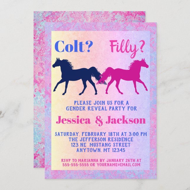 Pink Filly & Blue Colt Western Style Gender Reveal Invitation (Front/Back)