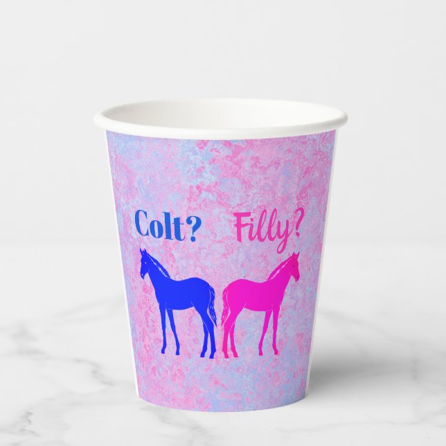 Pink Filly & Blue Colt Western Style Gender Reveal Paper Cups (Front)
