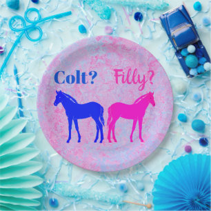 Pink Filly & Blue Colt Western Style Gender Reveal Paper Plate
