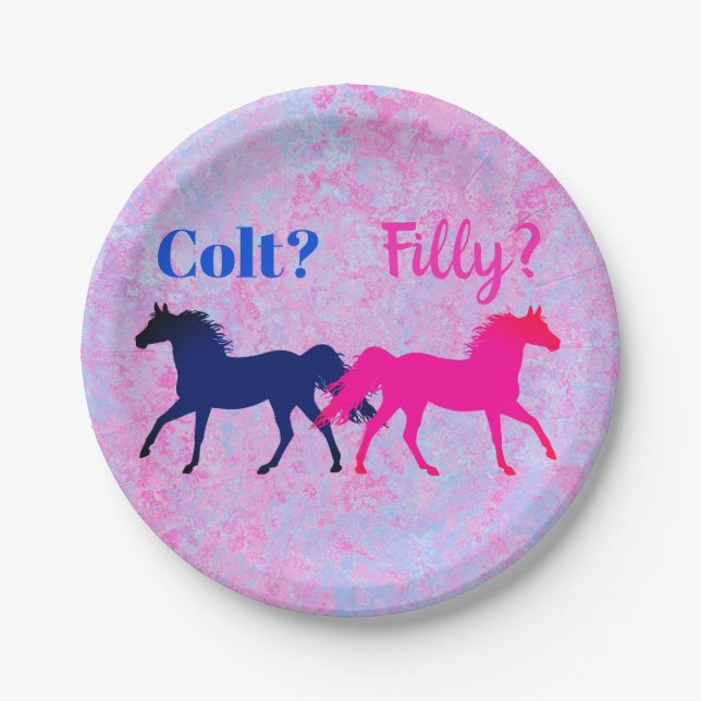 Pink Filly & Blue Colt Western Style Gender Reveal Paper Plate (Front)