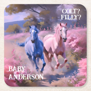 Pink Filly & Blue Colt Western Style Gender Reveal Square Paper Coaster