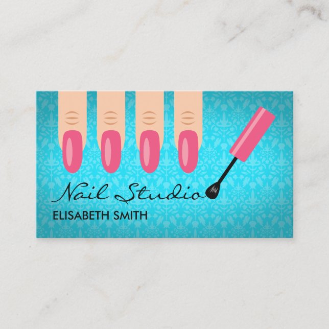 Pink Finger Nails On Blue Nail Studio Business Card (Front)