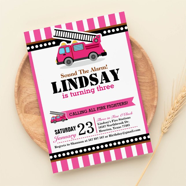 Pink Fire Engine Birthday Party Invitation (Creator Uploaded)