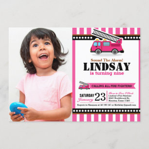 Pink Fire Engine Birthday Party Photo Invitation