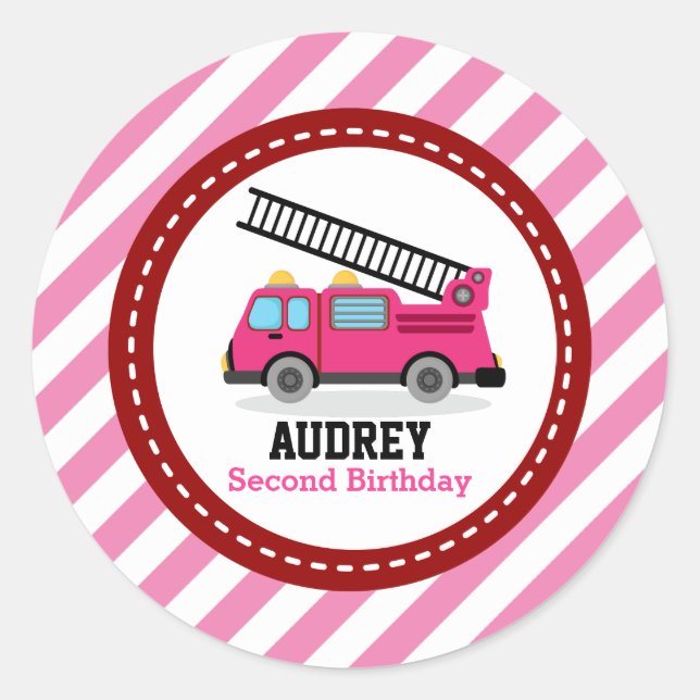 Pink Fire Engine Truck Birthday Baby Shower Classic Round Sticker (Front)