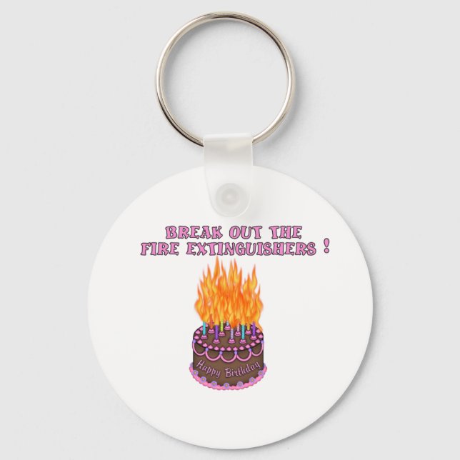 Pink Fire Extinguishers Birthday Cake Key Ring (Front)