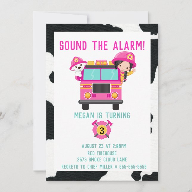 Pink Fire Truck Kids Firefighter Invitation (Front)