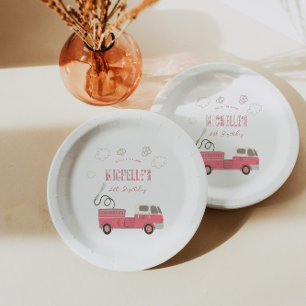 Pink Firetruck Birthday Paper Plate