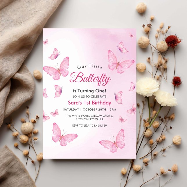 Pink First 1st Birthday Butterflies Party Invitation (Creator Uploaded)
