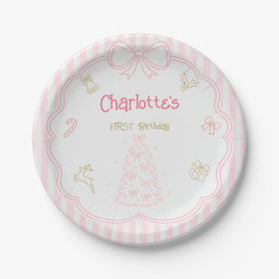 Pink First Birthday Christmas Paper Plate