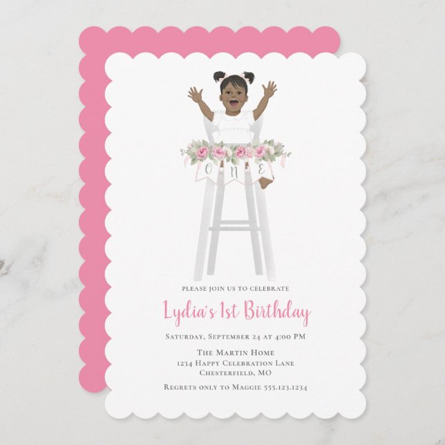 Pink First Birthday Girl High Chair Invitation (Front/Back)