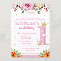 Pink First Birthday Princess GIrl Floral Flowers
