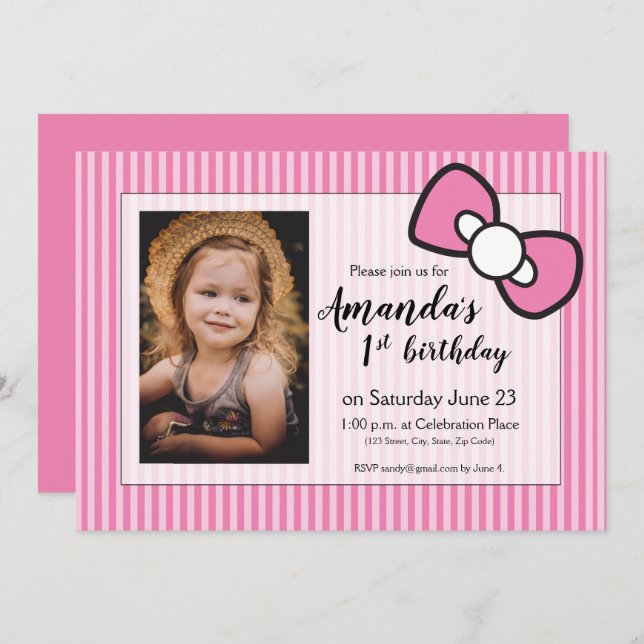 Pink First birthday, stripes, bow, personalised Invitation (Front/Back)