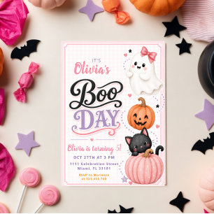 Pink First Boo Day Ghost Bow Birthday Girl Invitation