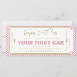 Pink First Car Birthday Gift Voucher Card