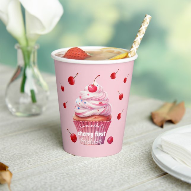 Pink First Cherry & Cupcake Birthday Party Paper Cups (Insitu)