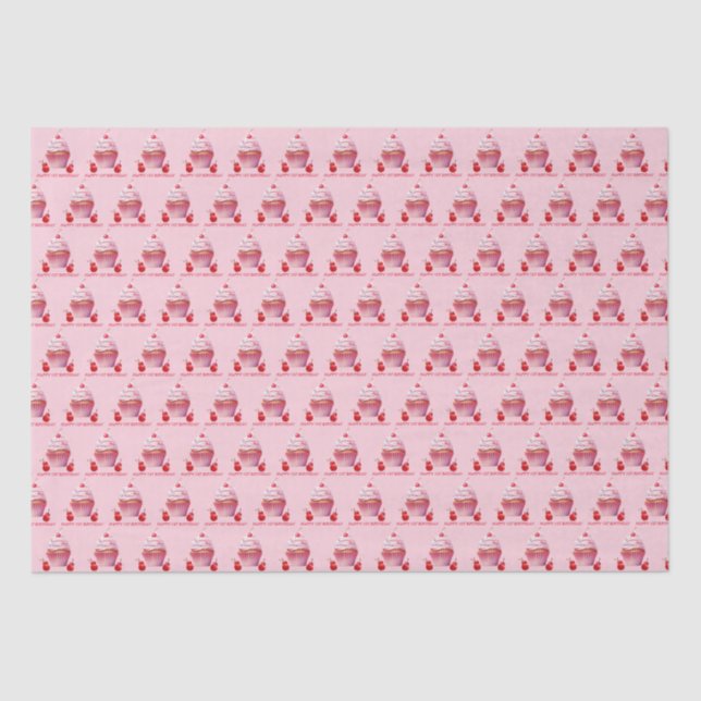 Pink First Cherry & Cupcake Birthday Party  Tissue Paper (Front)