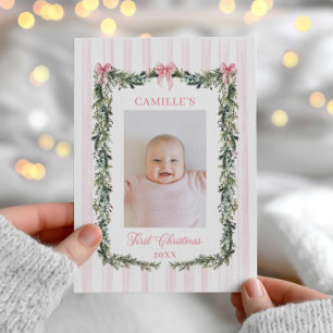 Pink First Christmas Baby Girl Photo Card
