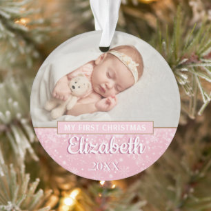Pink First Christmas Baby's Photos Snowflakes Ornament