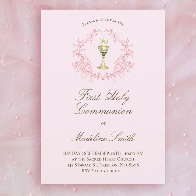 pink first communion chalice greenery crest invitation (Creator Uploaded)