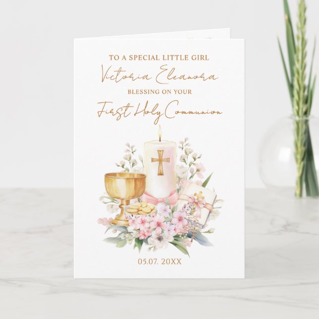 Pink First Holy Communion Chalice Candle Card (Front)