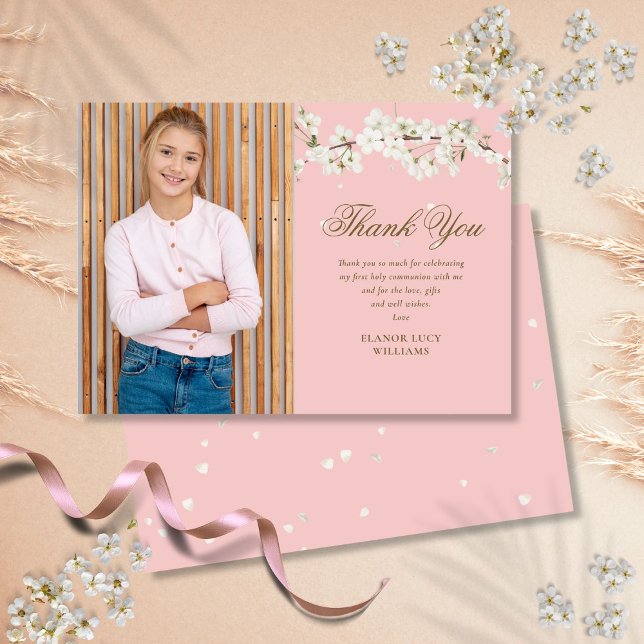 Pink First Holy Communion Photo White Blossom  Thank You Card (Pink First Holy Communion Photo White Blossom Thank You Card)