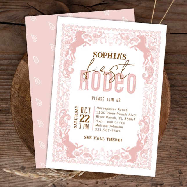 Pink First Rodeo Birthday Invitation – Cowgirl Wes (Pink Wild West Birthday Invite)