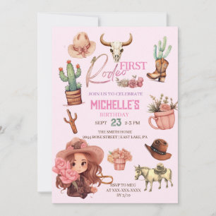 Pink First Rodeo Cowgirl Western Birthday Party Invitation