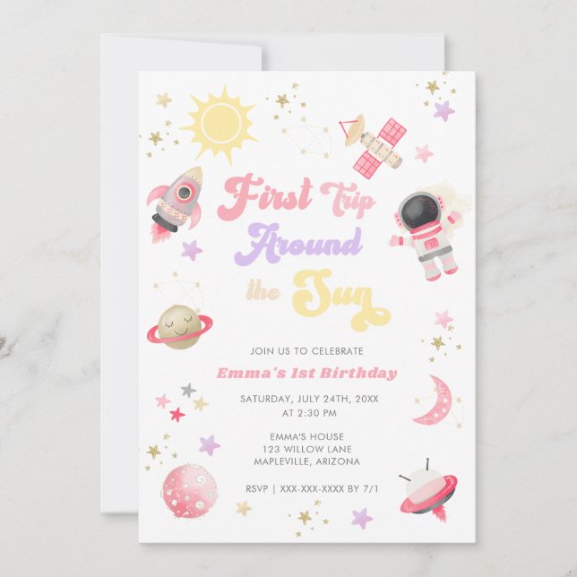 Pink First Trip Around the Sun First Birthday Invi Invitation (Front)