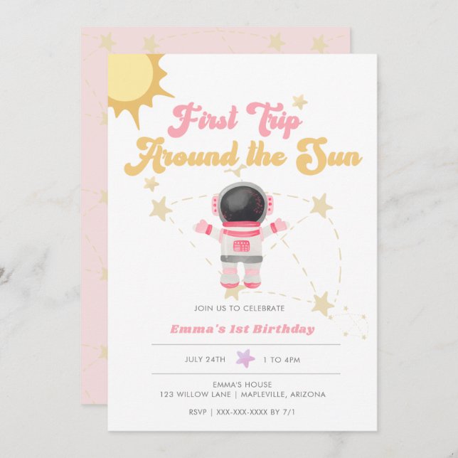 Pink First Trip Around the Sun First Birthday  Invitation (Front/Back)
