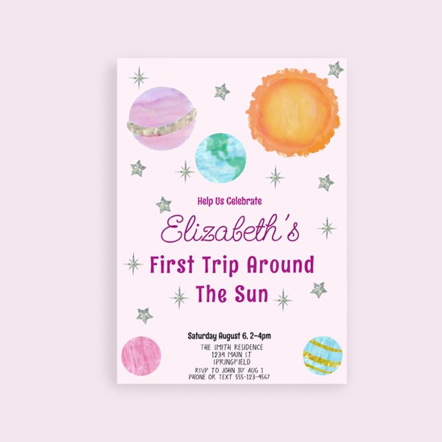 Pink First Trip Around The Sun Girl 1st Birthday Invitation (Creator Uploaded)