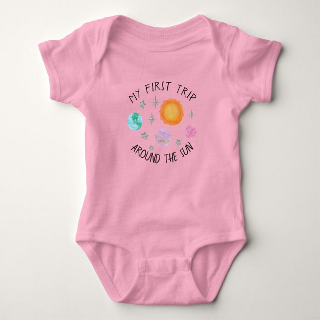 Pink First Trip Around The Sun Girl's 1st birthday Baby Bodysuit (Front)