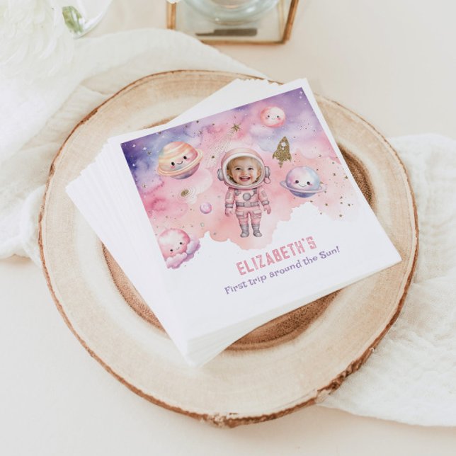 Pink First trip around the sun Space Girl birthday Napkin (Creator Uploaded)