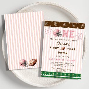 Pink First Year Down Football 1st Birthday Party Invitation