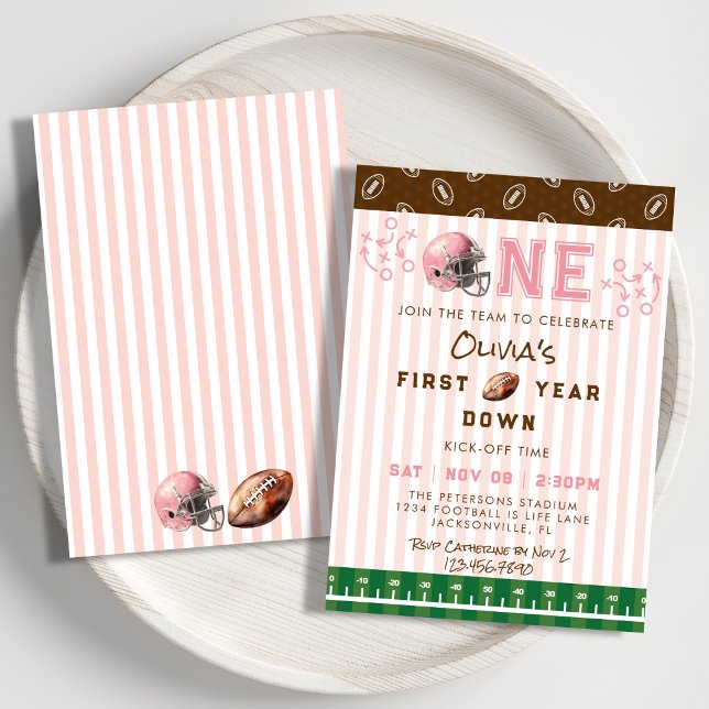 Pink First Year Down Football 1st Birthday Party Invitation (Creator Uploaded)